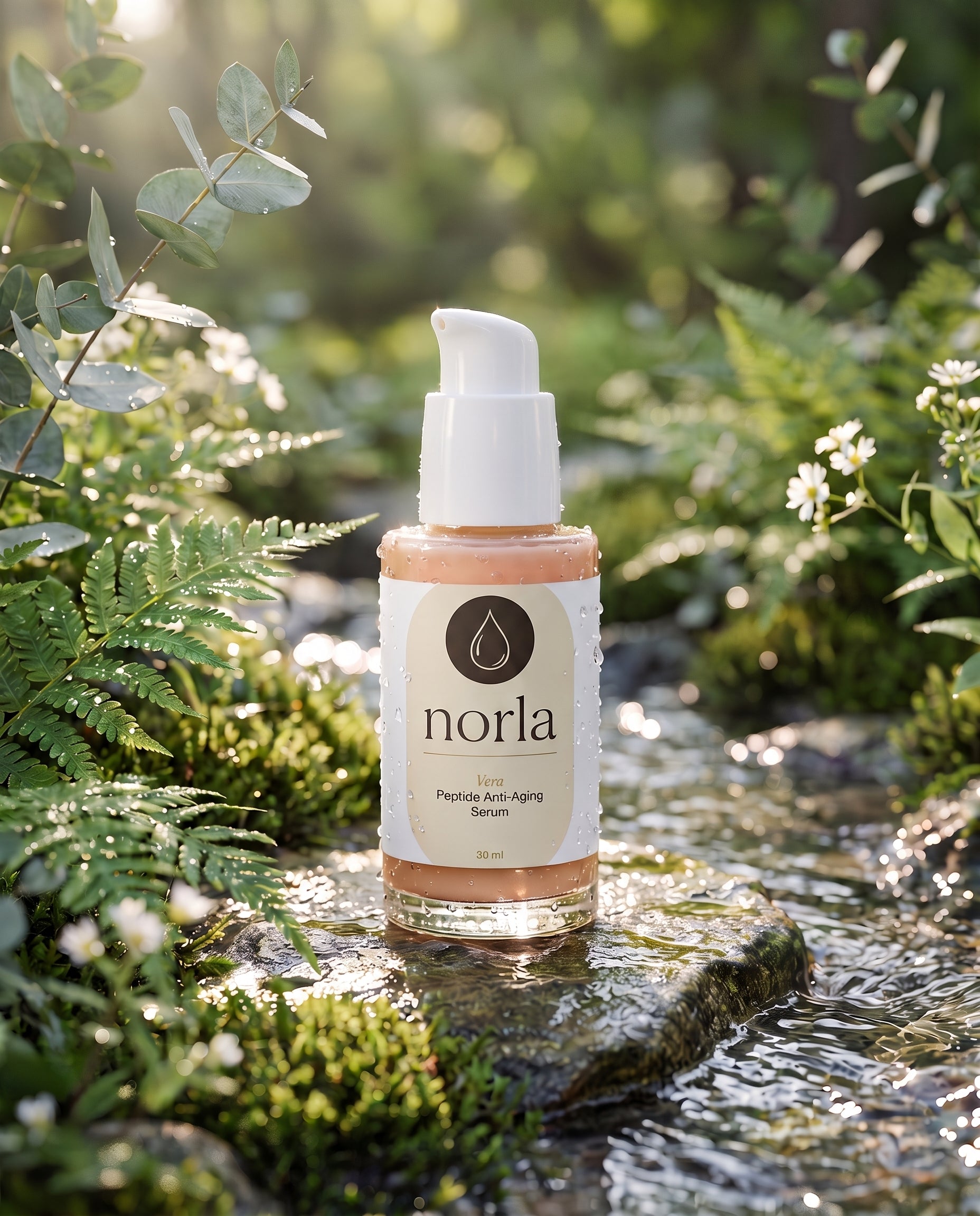 Norla Vera Peptide Anti-Aging Serum beside a forest stream in morning light